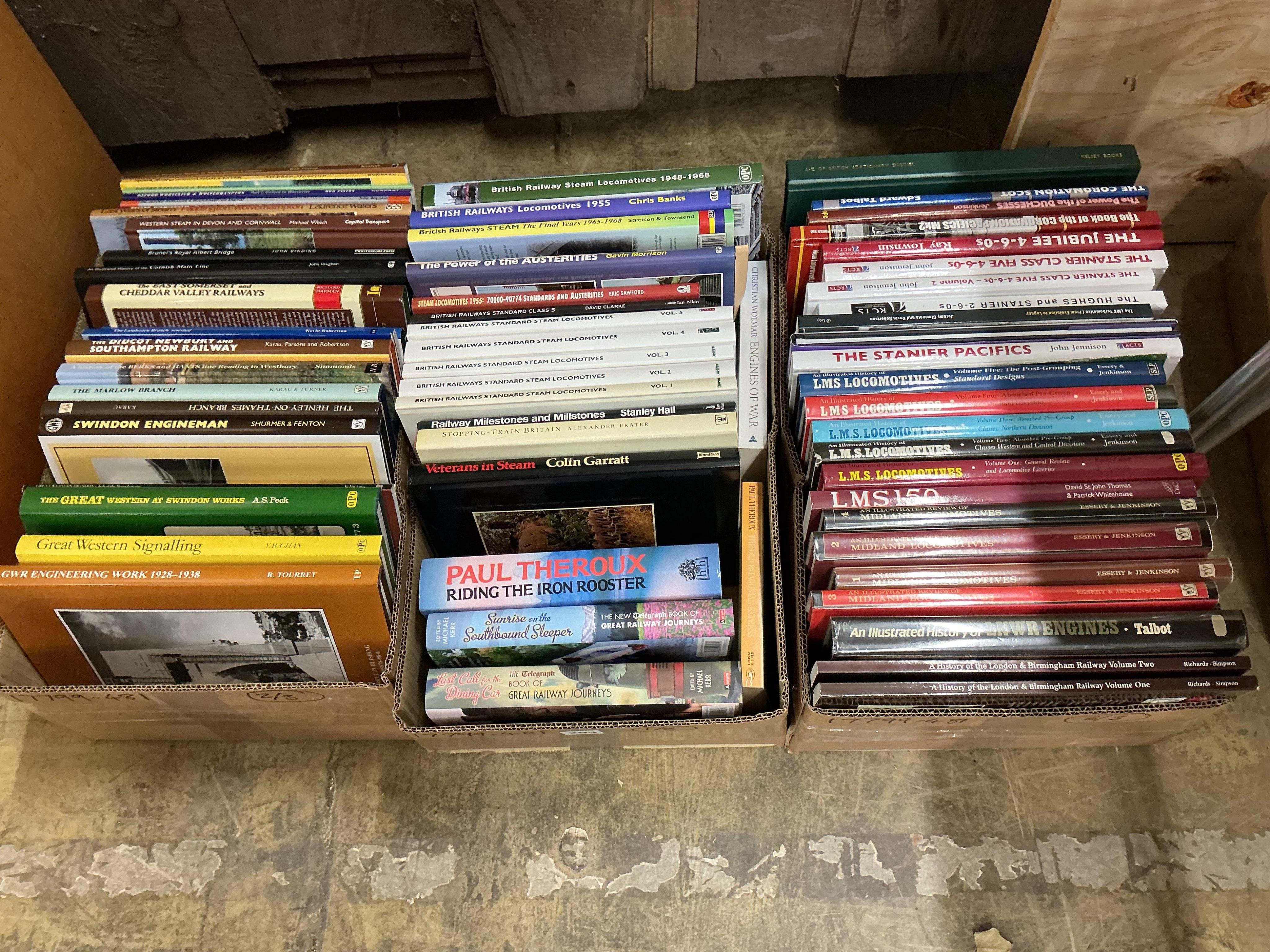 Three boxes of railway related books, subjects include; British Railways Standard Steam Locomotives, the Power of the Austerities, the Stanier Pacifics, LMS locomotives, Swindon Engineman, Great Western Signalling, etc.,